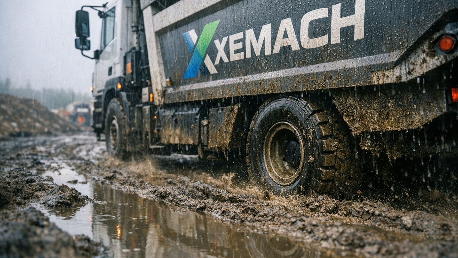 XEMACH electric dump truck on a rainy jobsite