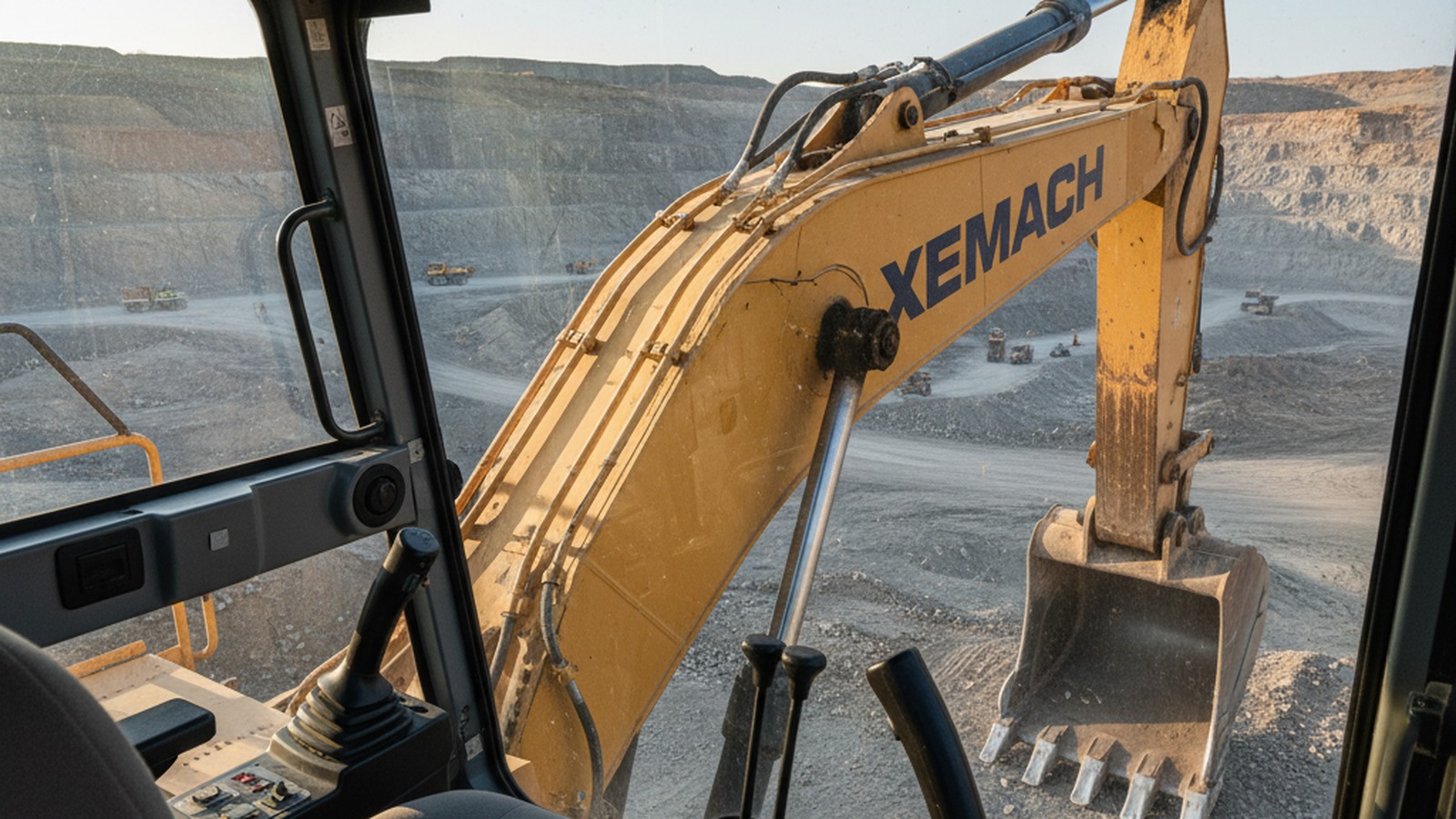 XEMACH electric excavator cab POV at an open-pit mine