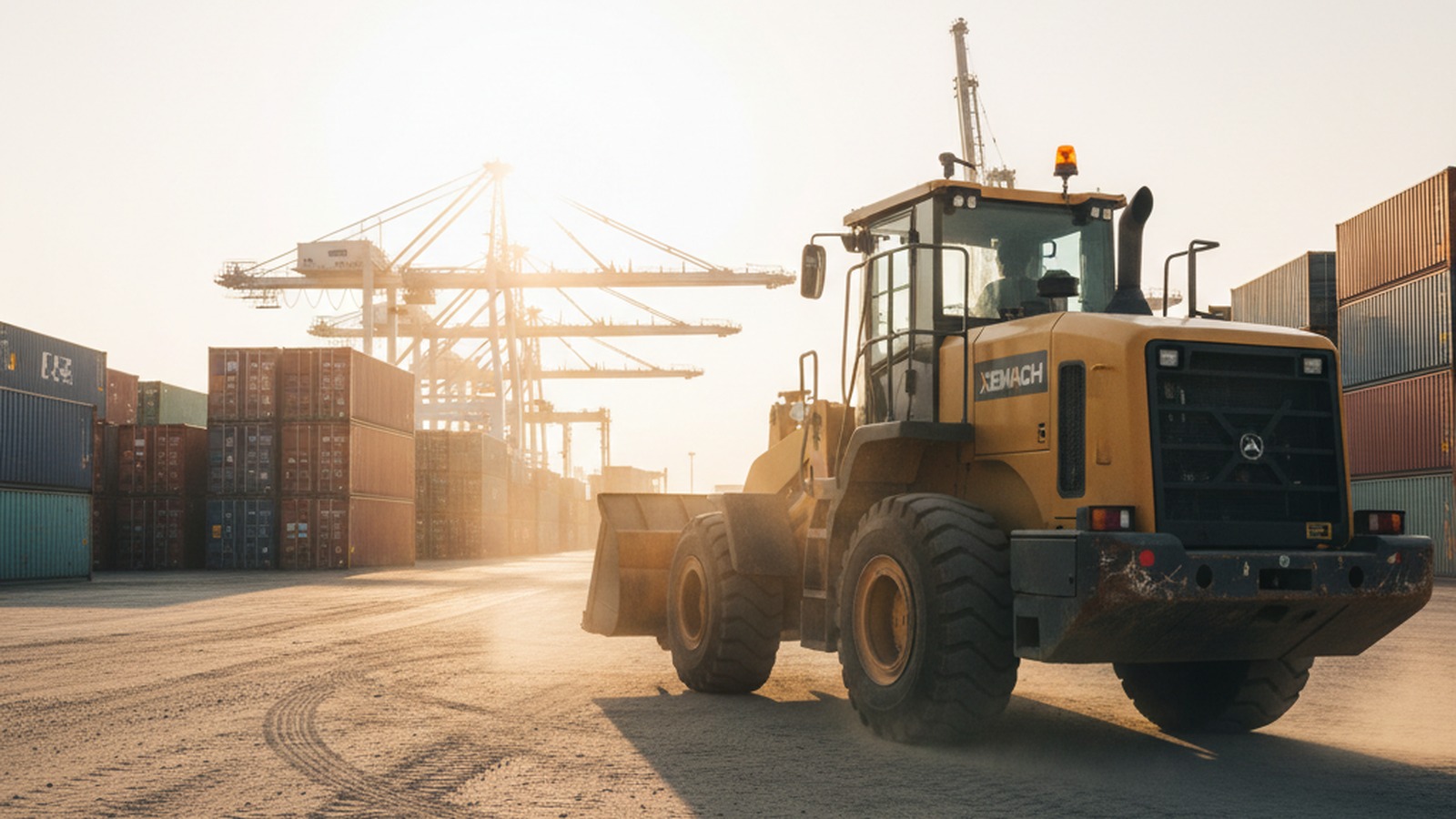 Electric wheel loader at port logistics yard