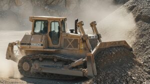 XEMACH bulldozer working in a quarry, documentary-style image