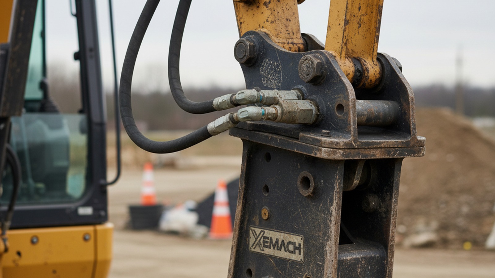 Mini excavator with hydraulic coupler and breaker attachment