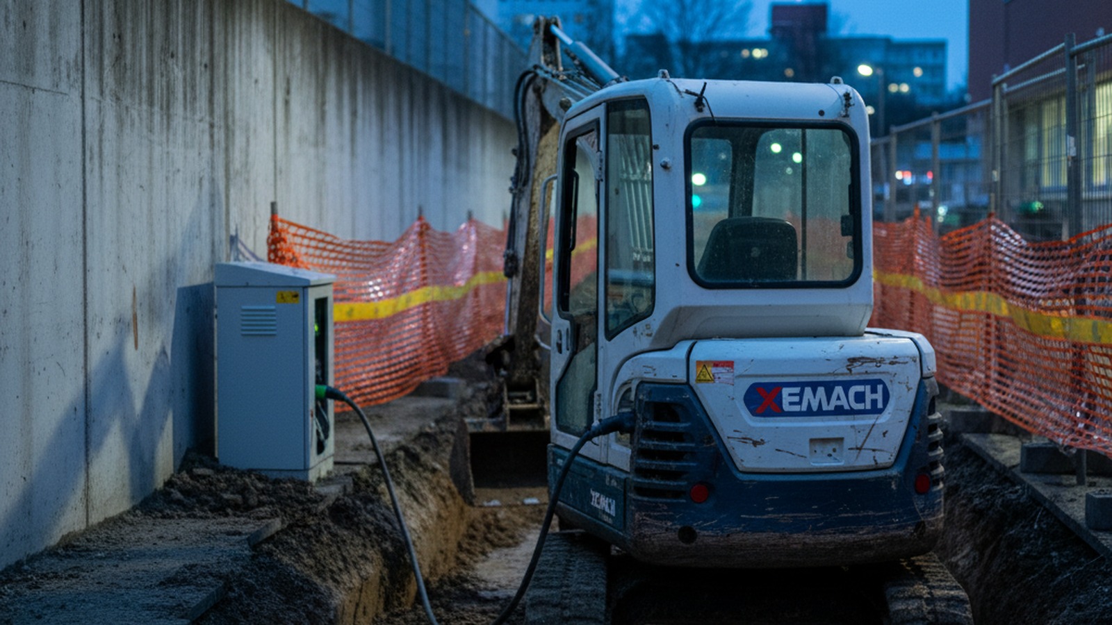 Electric mini excavator on a constrained urban utility jobsite