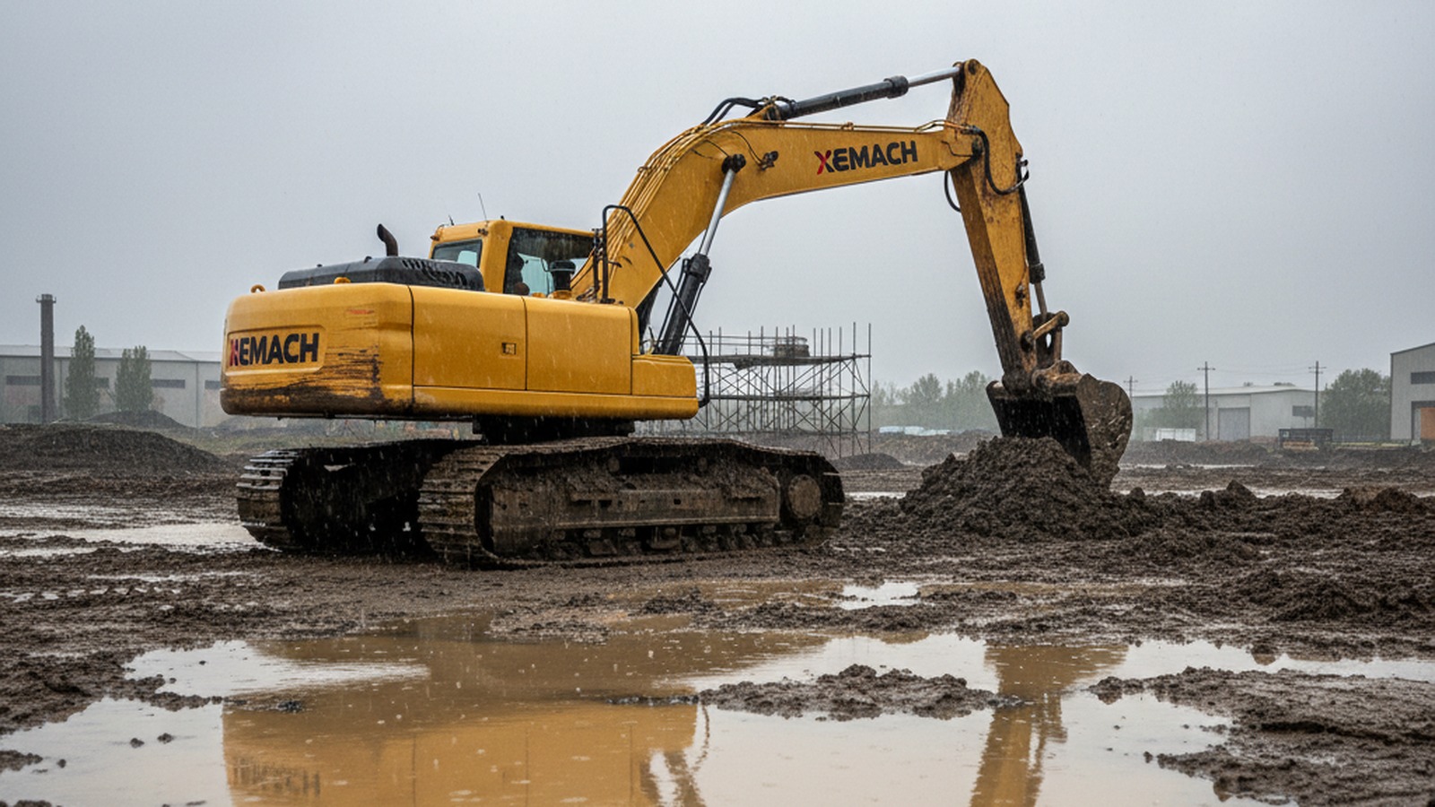 Crawler excavator on a rainy muddy jobsite