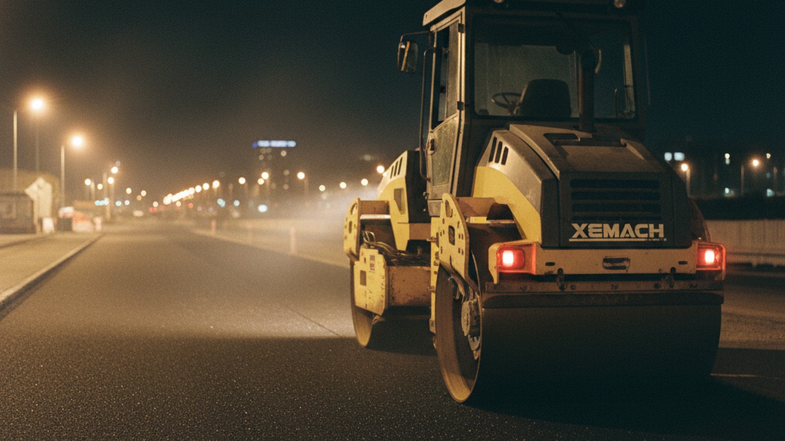 XEMACH tandem roller on a night paving shift