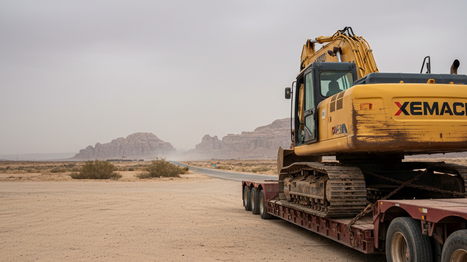 XEMACH crawler excavator secured on a lowboy trailer on an arid Middle East delivery corridor, documentary-style image