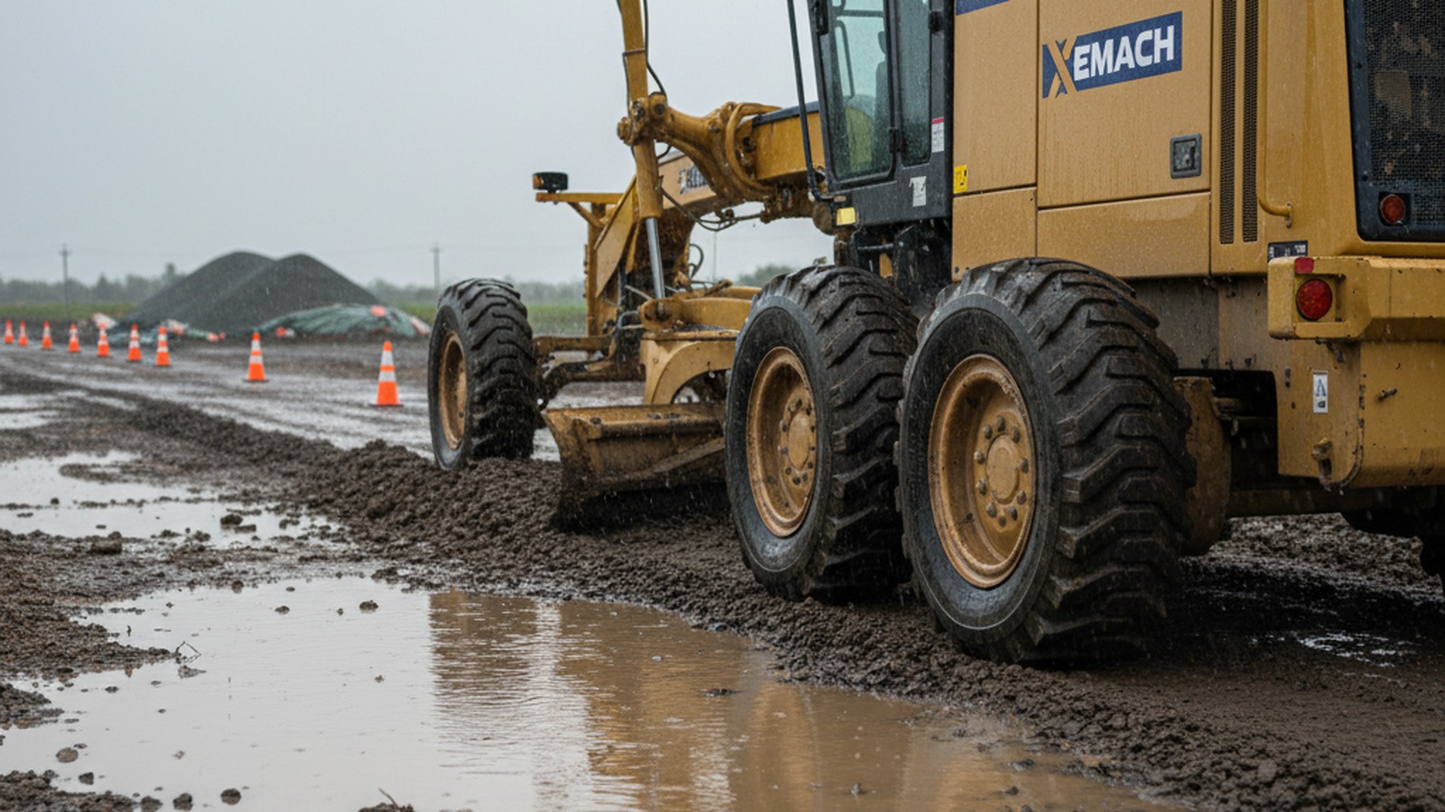 XeMach motor grader on a rainy jobsite