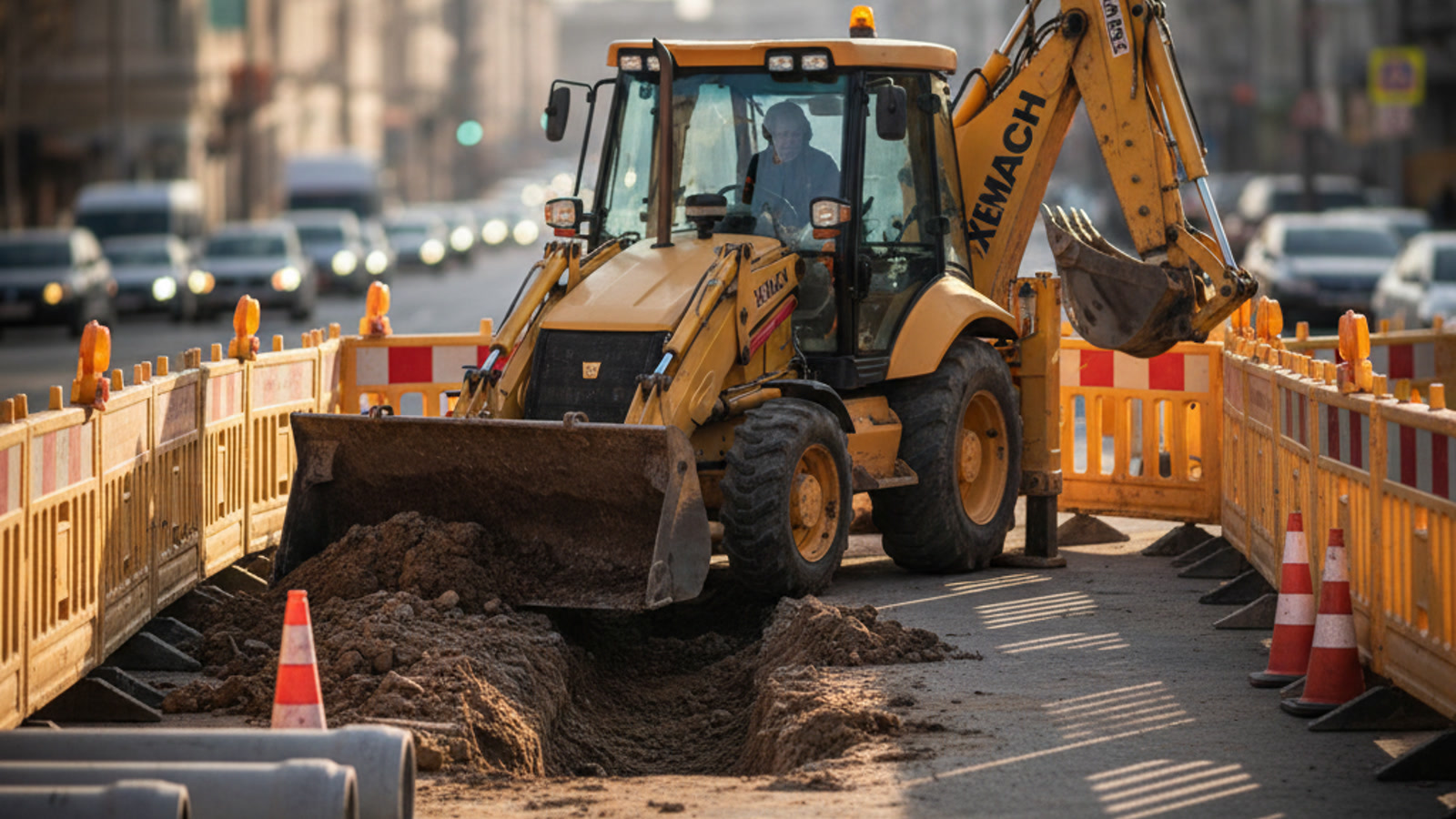 XeMach backhoe loader at an urban utility jobsite