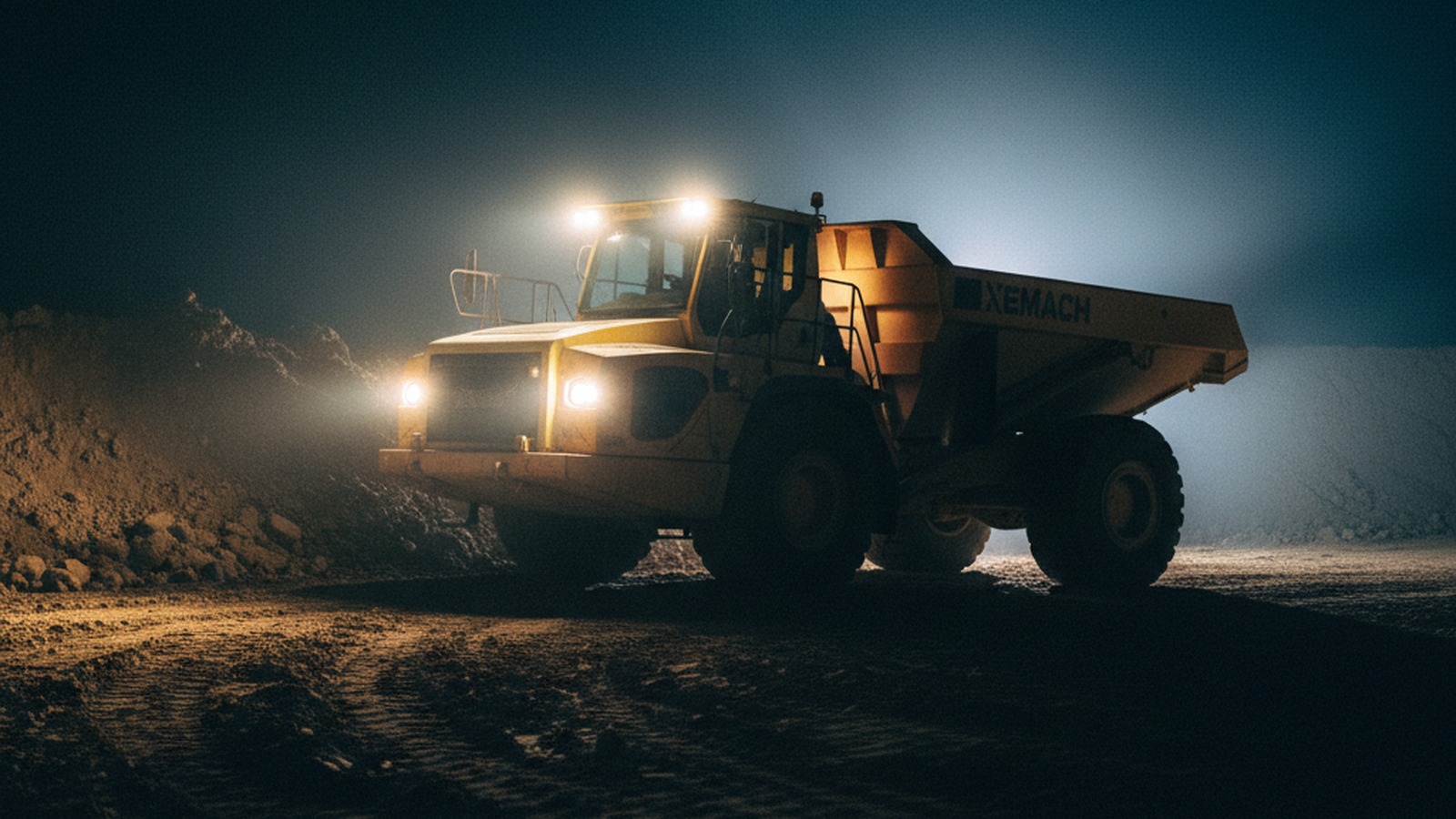 Electric articulated dump truck at a night shift earthmoving site