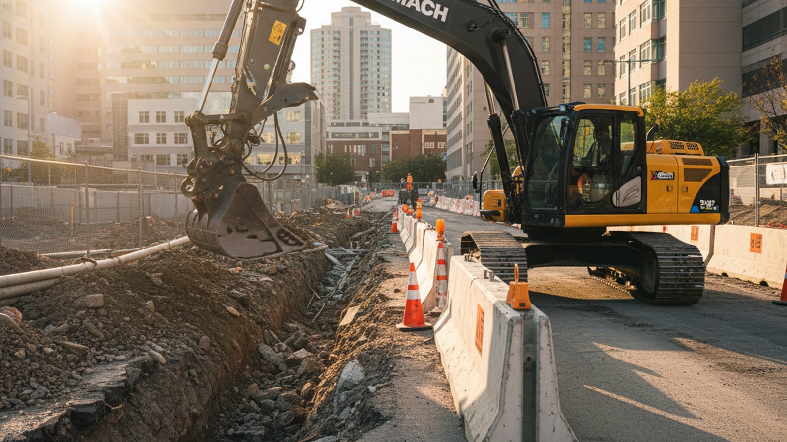 Electric excavator at an urban utility trench jobsite