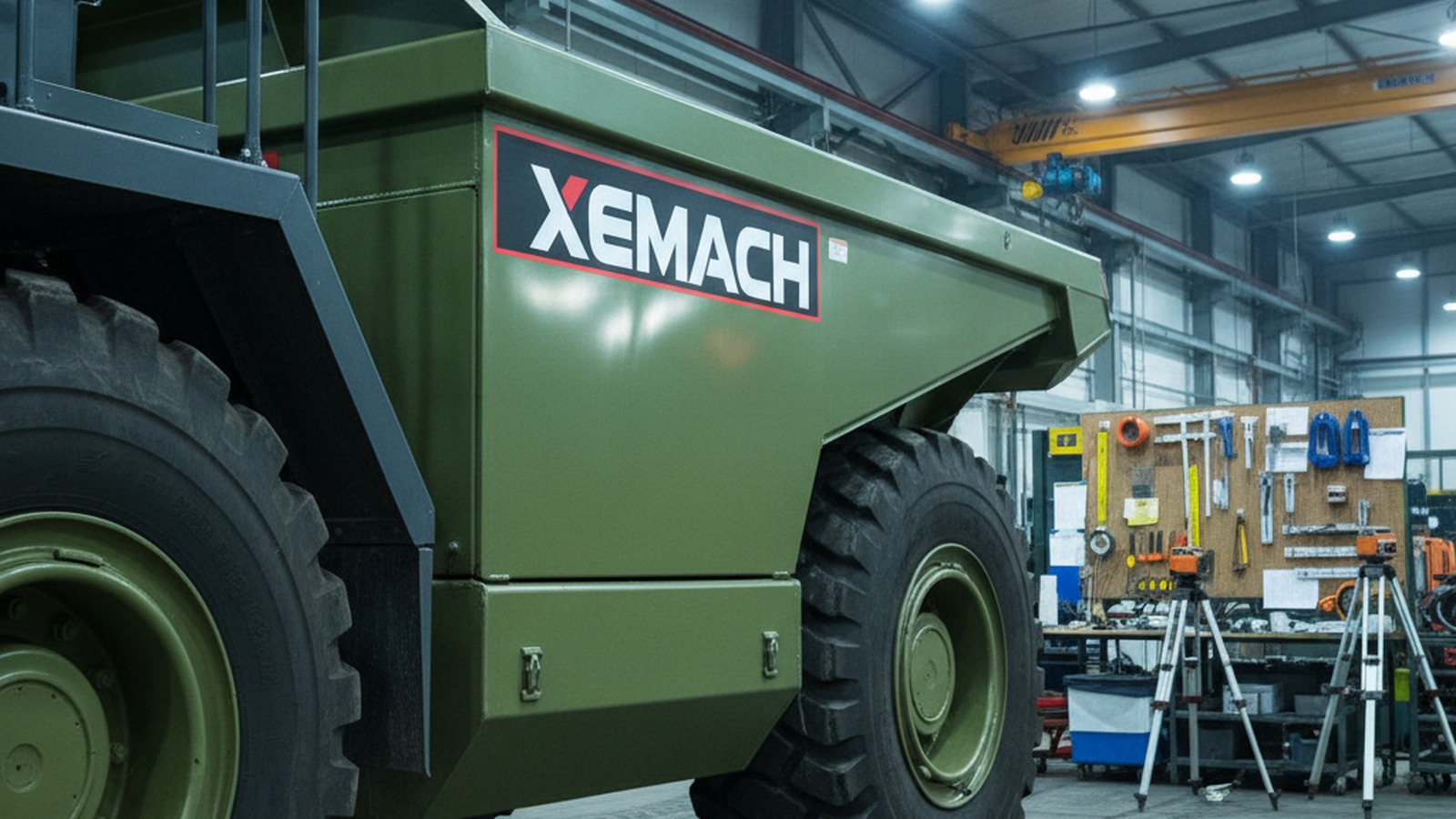 Electric articulated dump truck in factory final inspection area