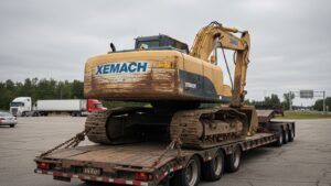 XEMACH crawler excavator secured on a lowboy trailer at a highway rest area