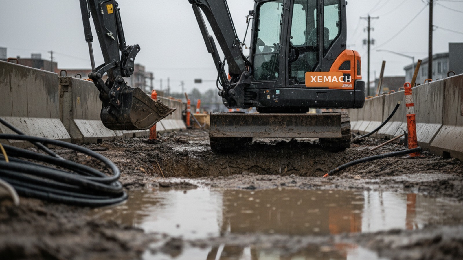 XEMACH mini excavator working on a rainy urban utility trench jobsite