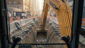 Crawler excavator operator-cab view on an urban trench jobsite