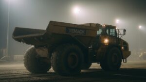 Photorealistic articulated dump truck on a night shift earthmoving site with XEMACH logo