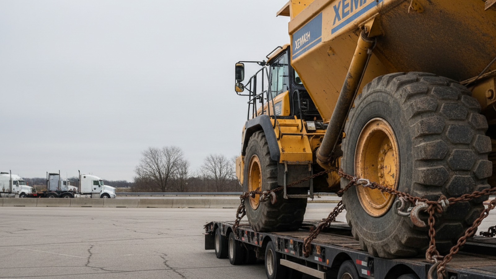 XEMACH articulated dump truck on transport trailer