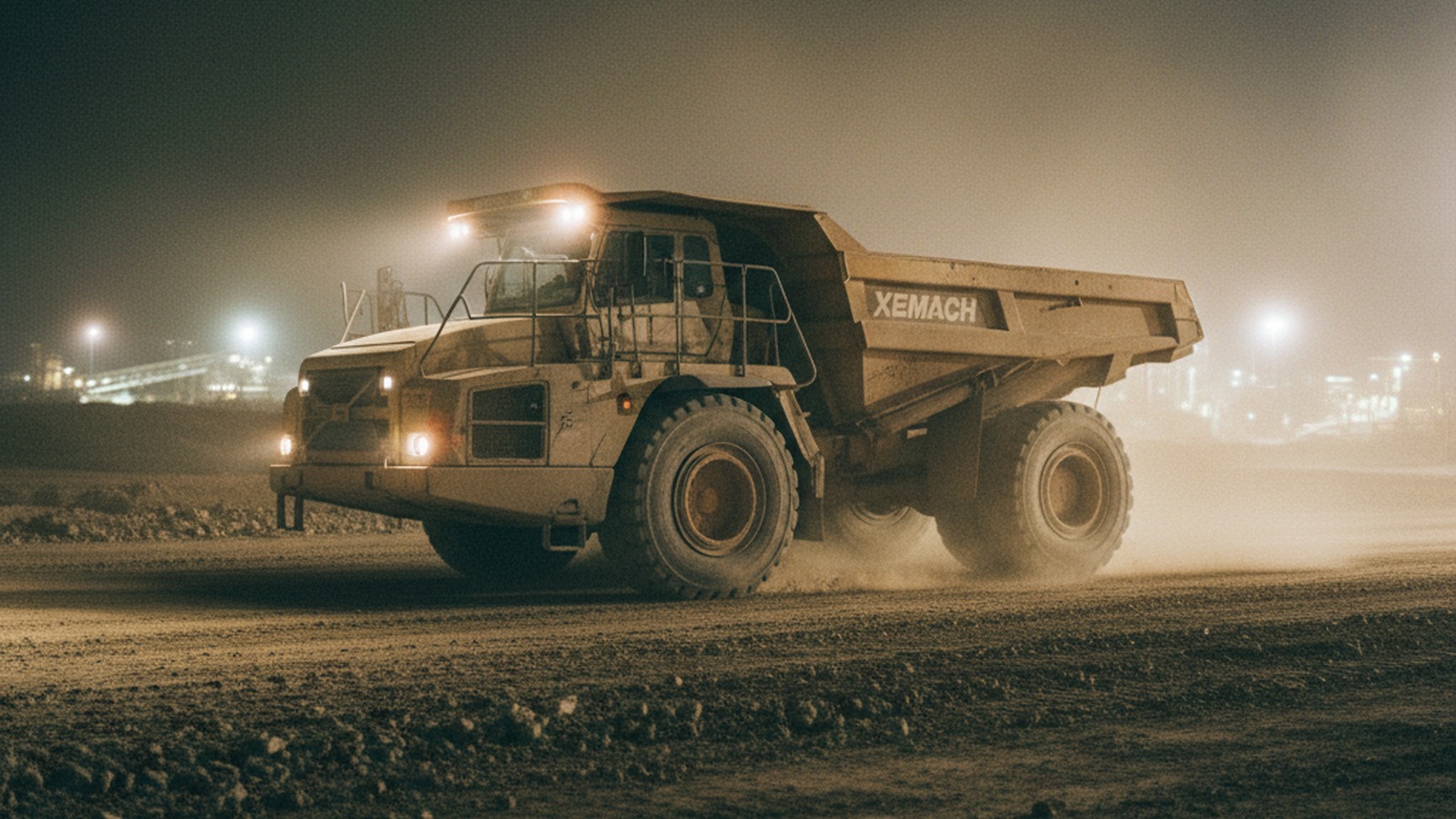 XeMach articulated dump truck on a night haul road