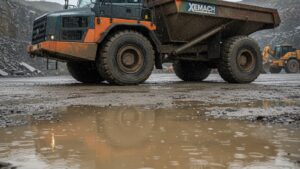 Articulated dump truck on a rainy muddy haul road with XEMACH decal