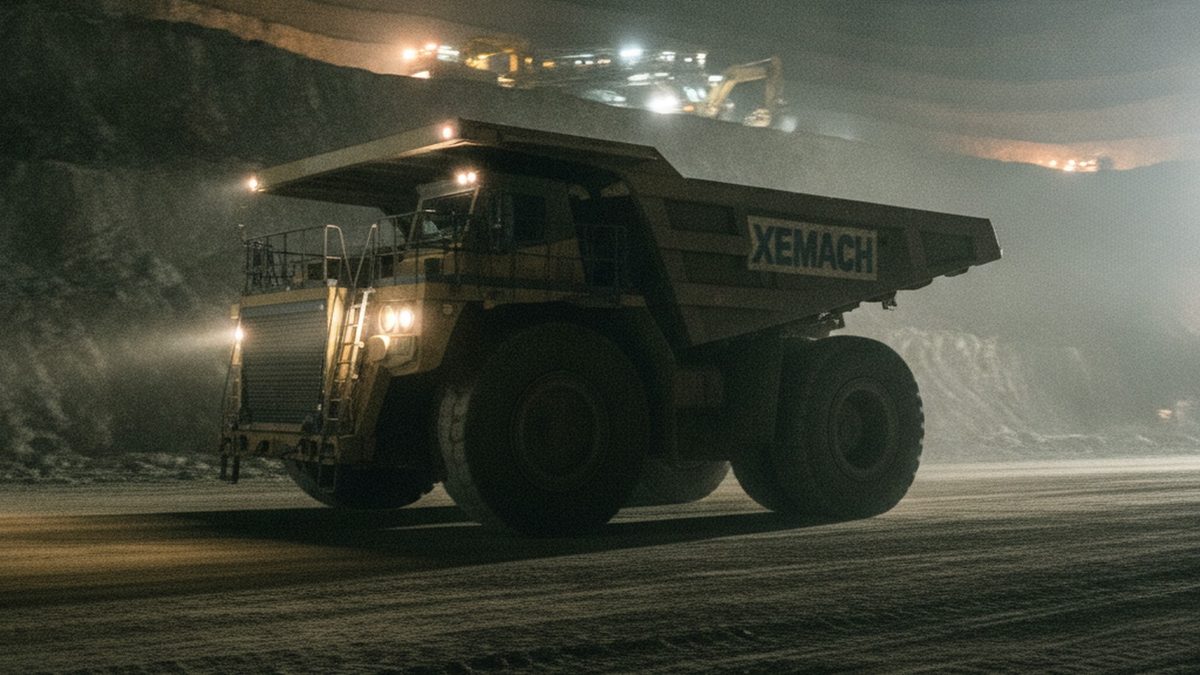 Rigid dump truck on a night-shift mine haul road