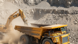 Battery-electric dump truck at quarry loading operation with XEMACH logo