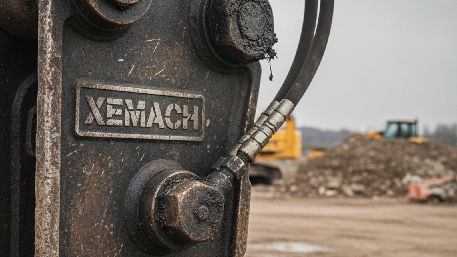 Close-up documentary-style view of a hydraulic coupler and breaker attachment on a worksite
