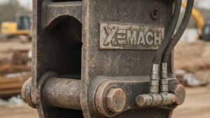 Close-up documentary-style hydraulic coupler with XEMACH decal