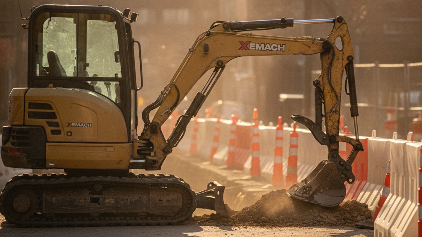 XeMach mini excavator on an urban utility trench jobsite
