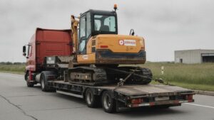Mini excavator secured on a lowboy trailer, XeMach transport scene