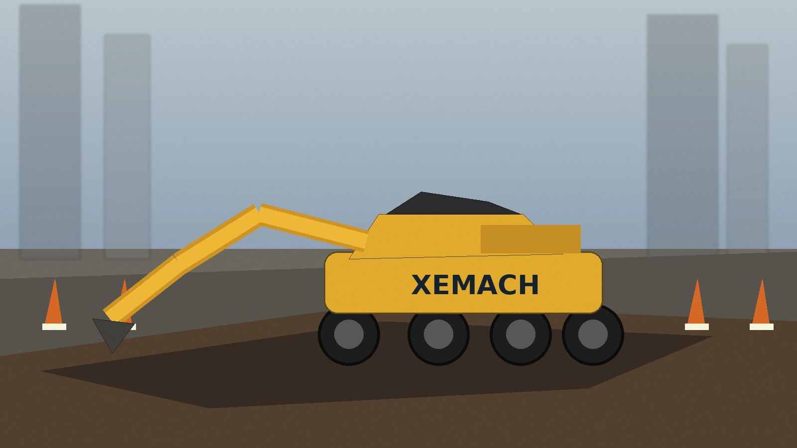 XEMACH wheeled excavator working near an urban utility trench